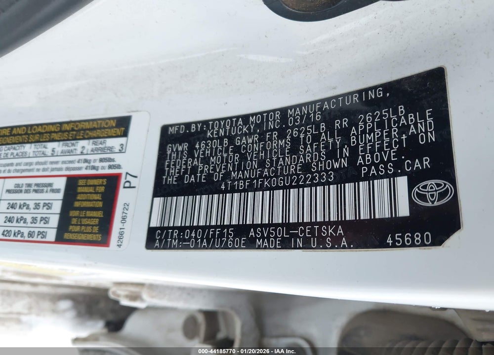 2016 TOYOTA CAMRY SE VIN: 4T1BF1FK0GU222333