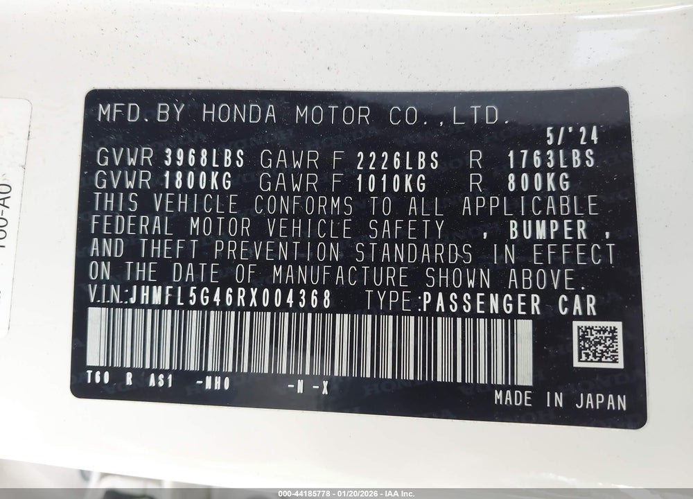 2024 HONDA CIVIC TYPE R VIN: JHMFL5G46RX004368