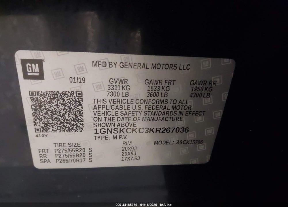 2019 CHEVROLET TAHOE PREMIER VIN: 1GNSKCKC3KR267036