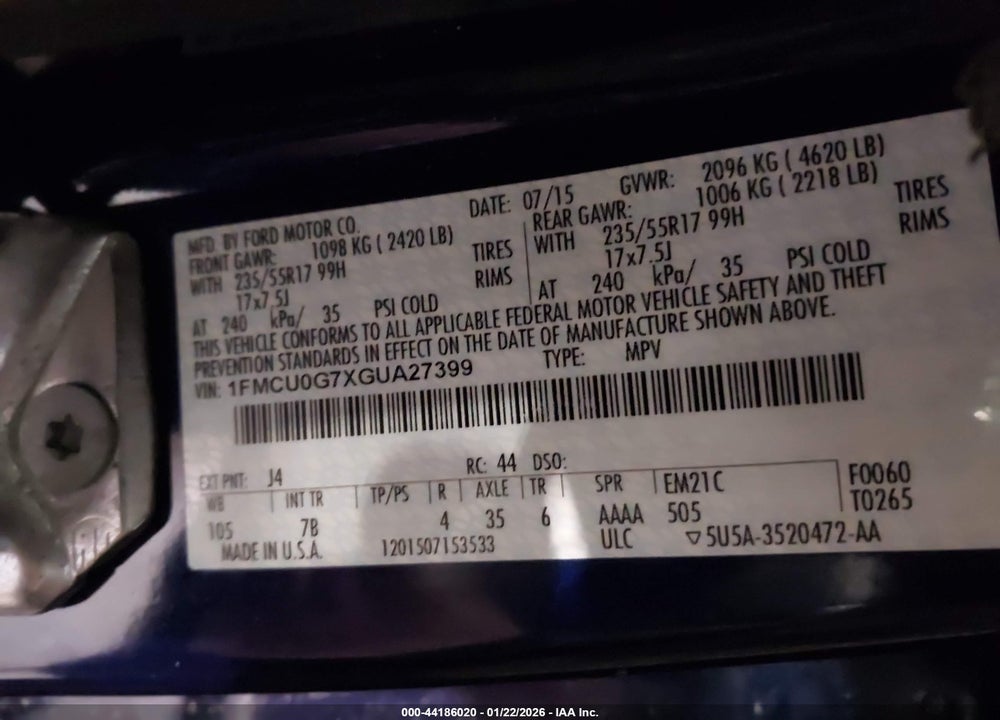2016 FORD ESCAPE SE VIN: 1FMCU0G7XGUA27399