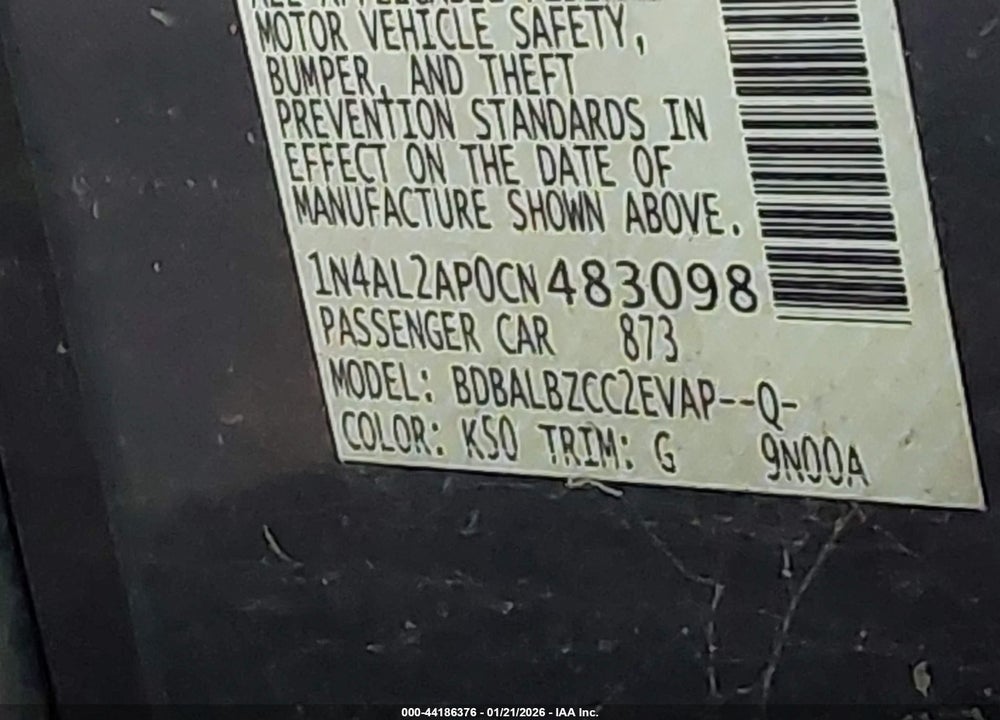 2012 NISSAN ALTIMA 2.5 S VIN: 1N4AL2AP0CN483098