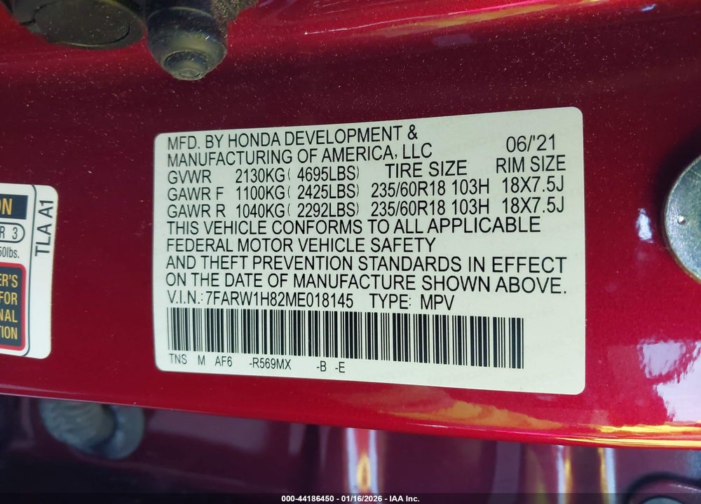2021 HONDA CR-V 2WD EX-L VIN: 7FARW1H82ME018145