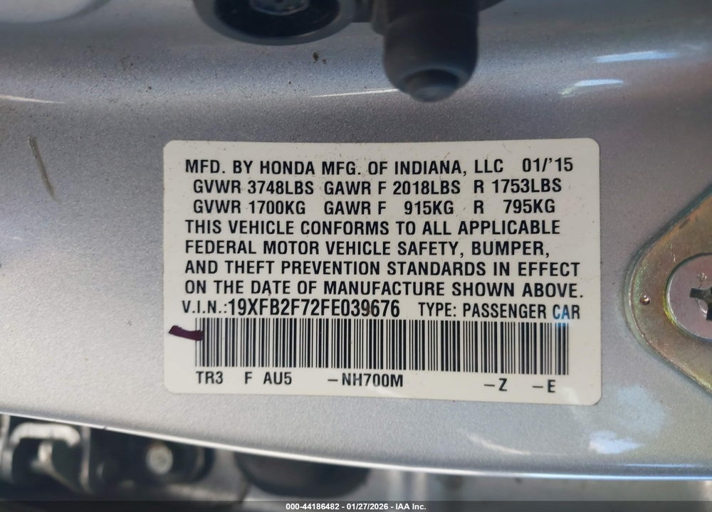 2015 HONDA CIVIC SE VIN: 19XFB2F72FE039676