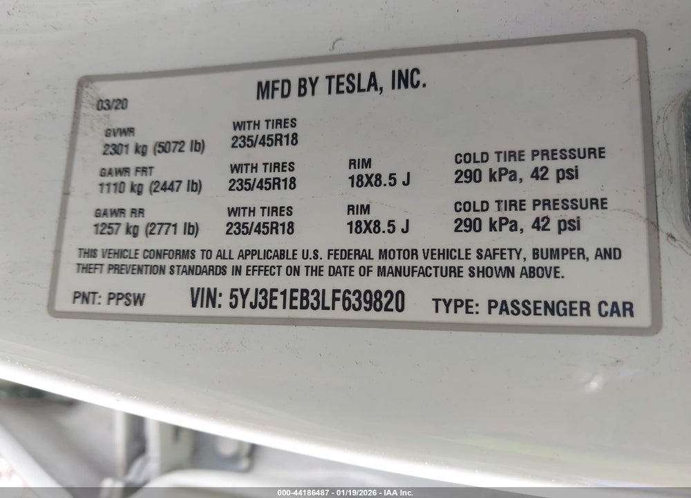 2020 TESLA MODEL 3 LONG RANGE DUAL MOTOR ALL-WHEEL DRIVE VIN: 5YJ3E1EB3LF639820
