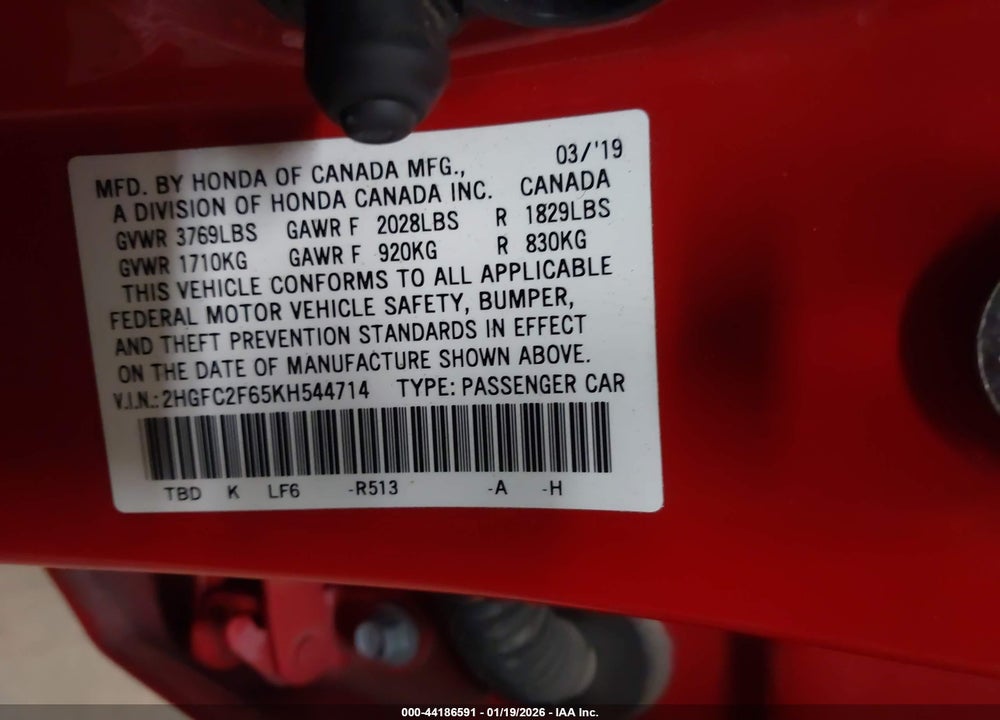 2019 HONDA CIVIC LX VIN: 2HGFC2F65KH544714