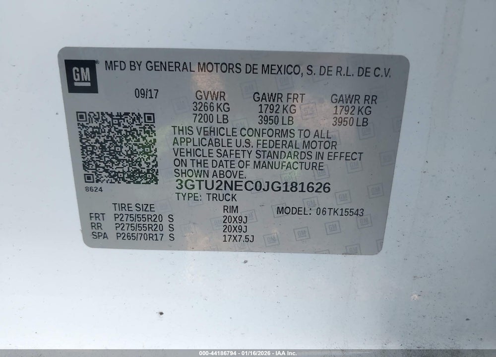 2018 GMC SIERRA 1500 SLT VIN: 3GTU2NEC0JG181626