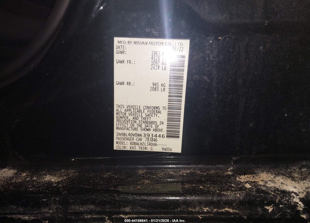 2022 NISSAN ALTIMA SV FWD VIN: 1N4BL4DV0NN393446