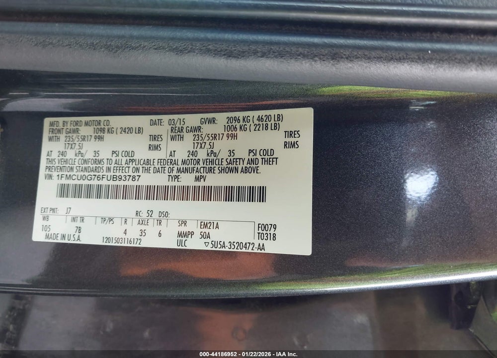 2015 FORD ESCAPE SE VIN: 1FMCU0G76FUB93787