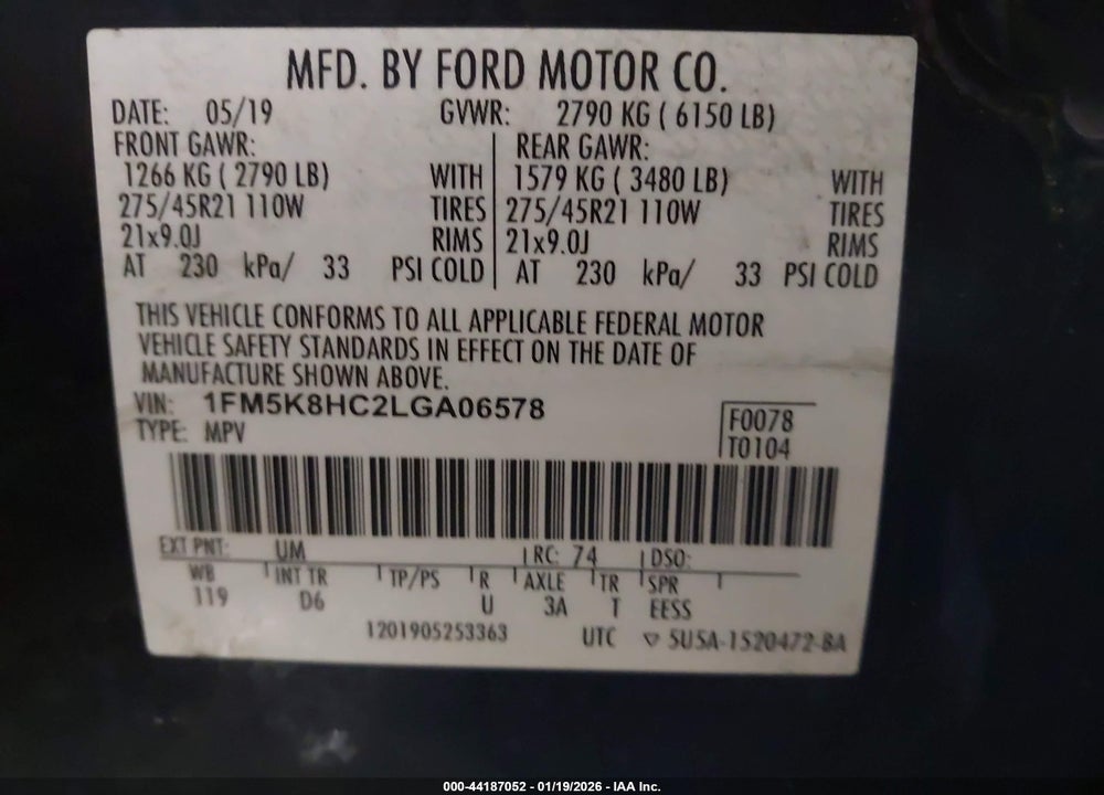 2020 FORD EXPLORER PLATINUM VIN: 1FM5K8HC2LGA06578