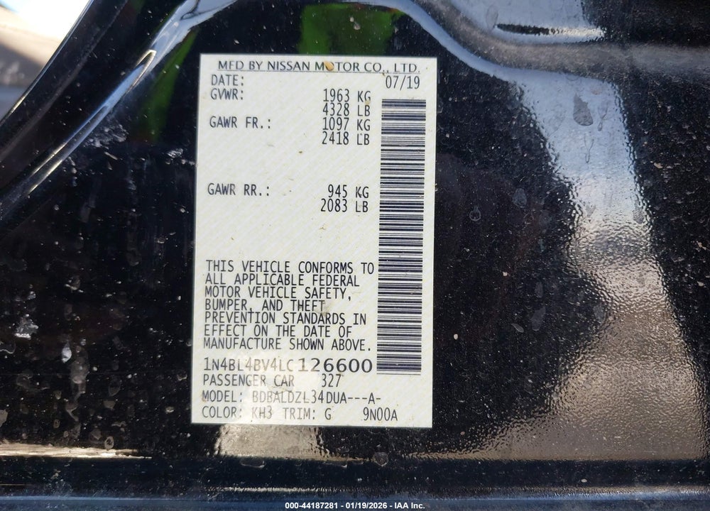 2020 NISSAN ALTIMA S FWD VIN: 1N4BL4BV4LC126600