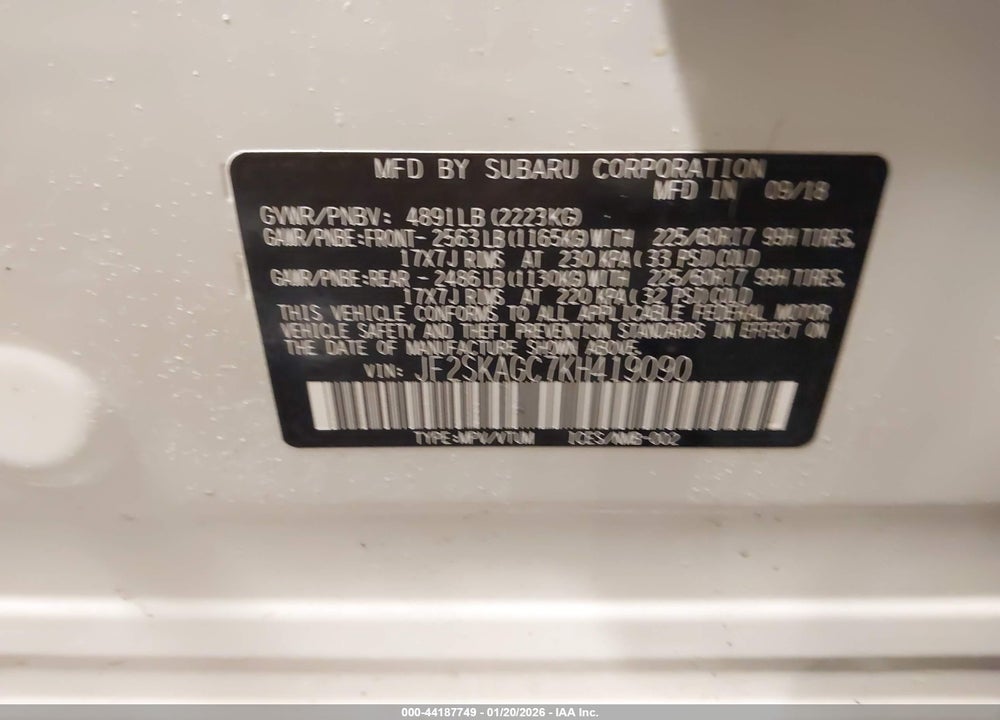 2019 SUBARU FORESTER PREMIUM VIN: JF2SKAGC7KH419090