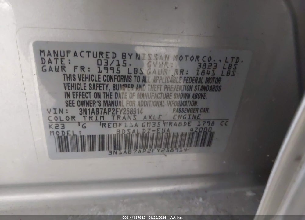 2015 NISSAN SENTRA SV VIN: 3N1AB7AP2FY258914