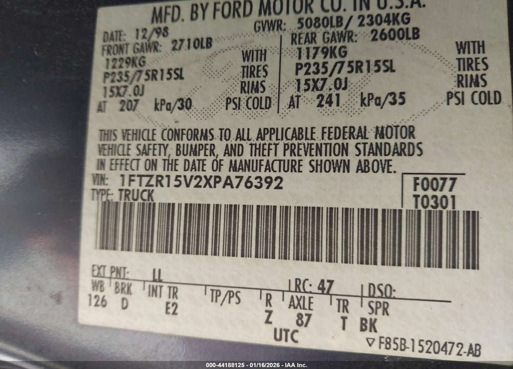 1999 FORD RANGER XL/XLT VIN: 1FTZR15V2XPA76392