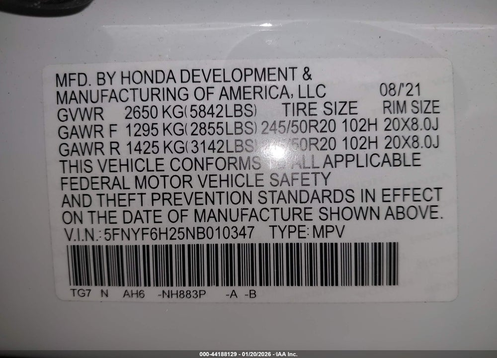 2022 HONDA PILOT AWD SPECIAL EDITION VIN: 5FNYF6H25NB010347
