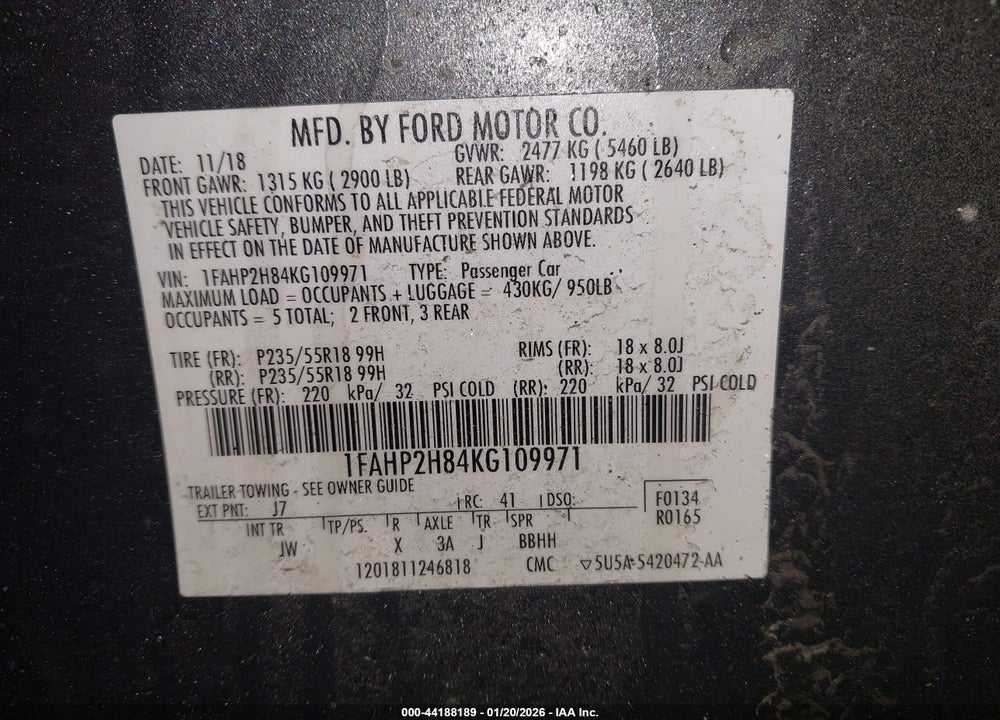 2019 FORD TAURUS SEL VIN: 1FAHP2H84KG109971