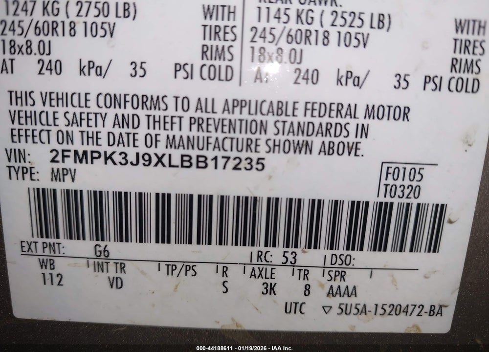 2020 FORD EDGE SEL VIN: 2FMPK3J9XLBB17235