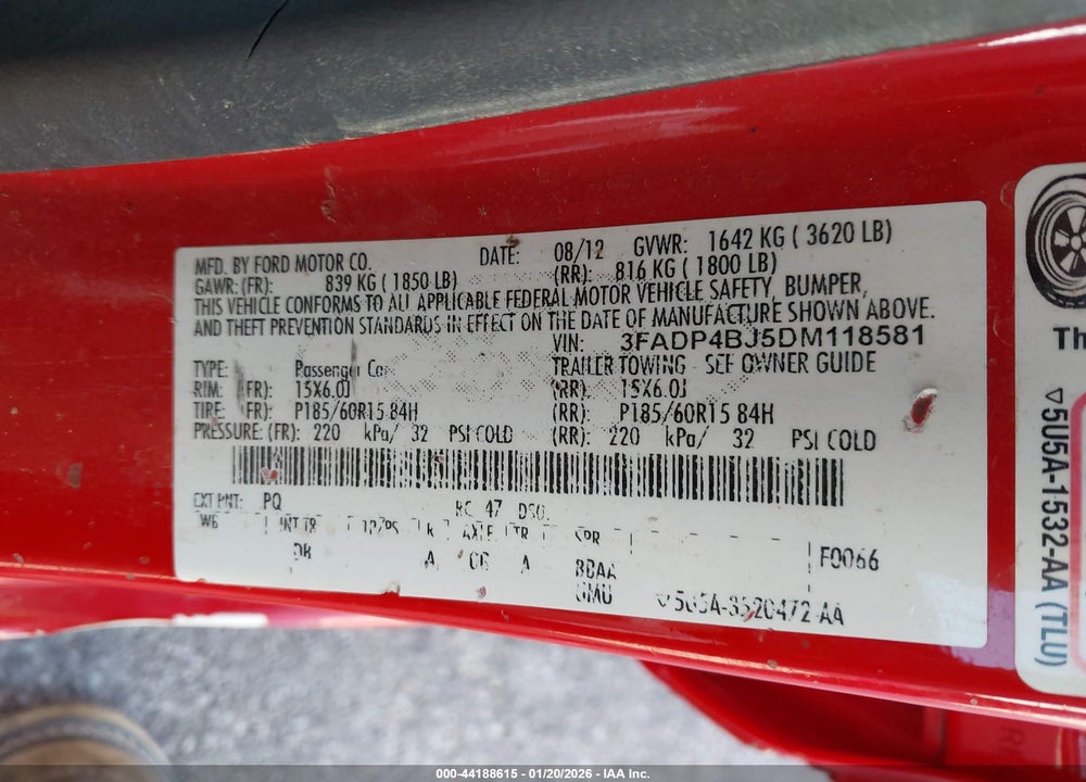 2013 FORD FIESTA SE VIN: 3FADP4BJ5DM118581