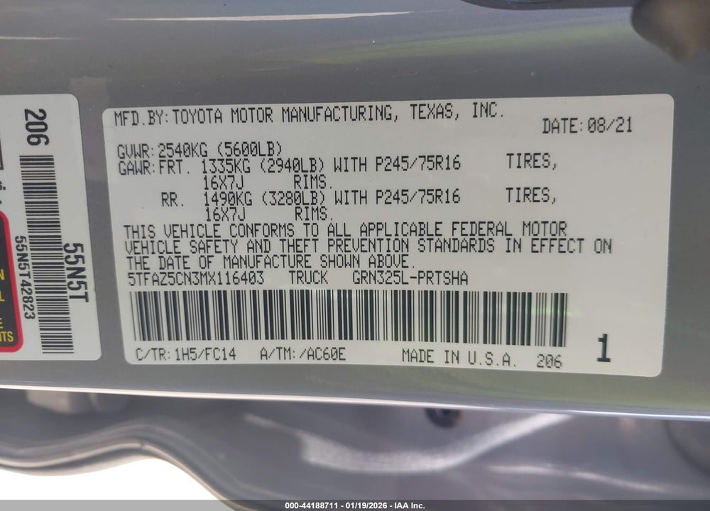 2021 TOYOTA TACOMA SR5 V6 VIN: 5TFAZ5CN3MX116403