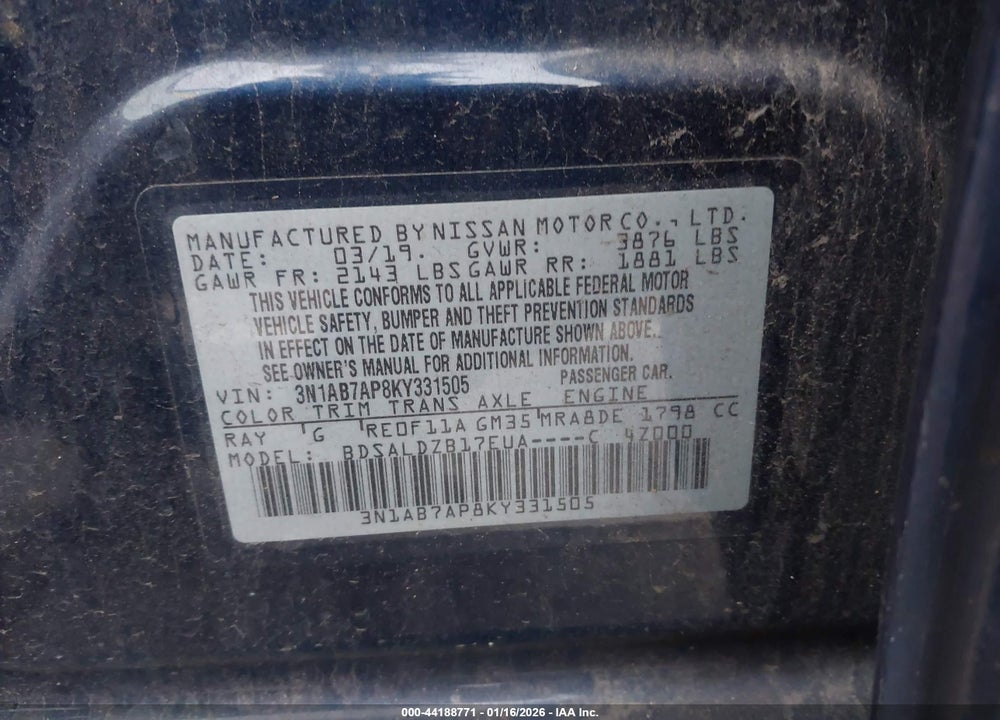 2019 NISSAN SENTRA SV VIN: 3N1AB7AP8KY331505