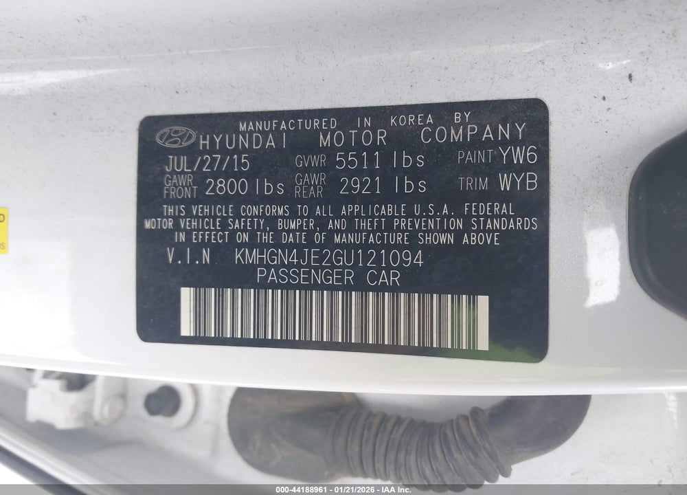 2016 HYUNDAI GENESIS 3.8 VIN: KMHGN4JE2GU121094
