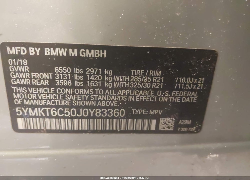 2018 BMW X5 M VIN: 5YMKT6C50J0Y83360