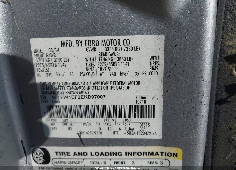 2014 FORD F-150 XLT VIN: 1FTFW1EF2EKD97007