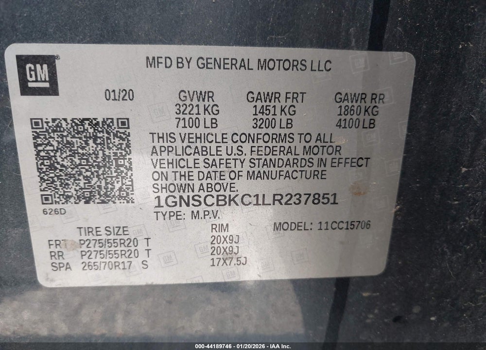 2020 CHEVROLET TAHOE 2WD LT VIN: 1GNSCBKC1LR237851