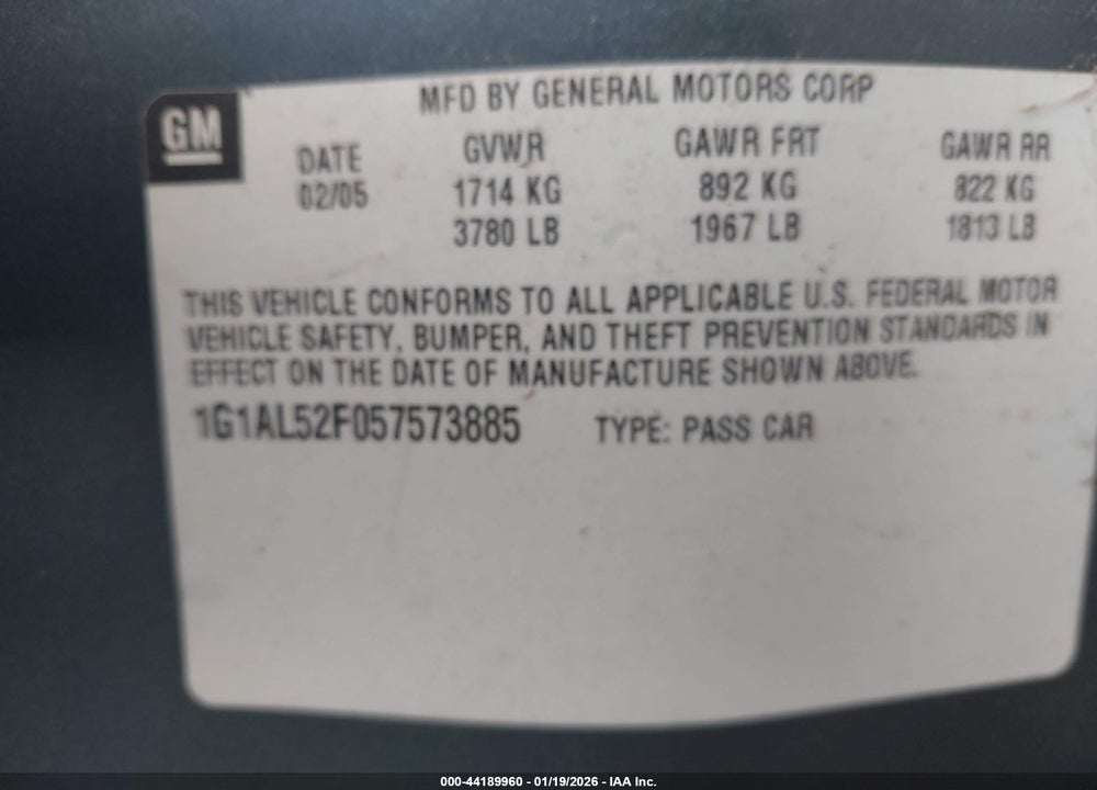 2005 CHEVROLET COBALT LS VIN: 1G1AL52F057573885