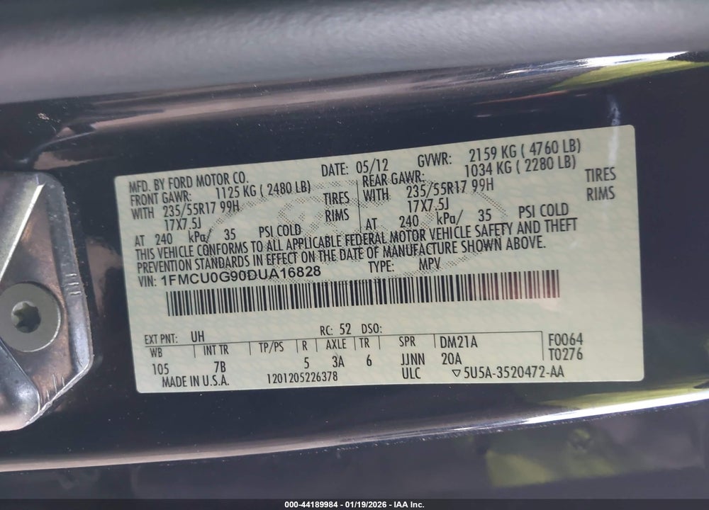 2013 FORD ESCAPE SE VIN: 1FMCU0G90DUA16828
