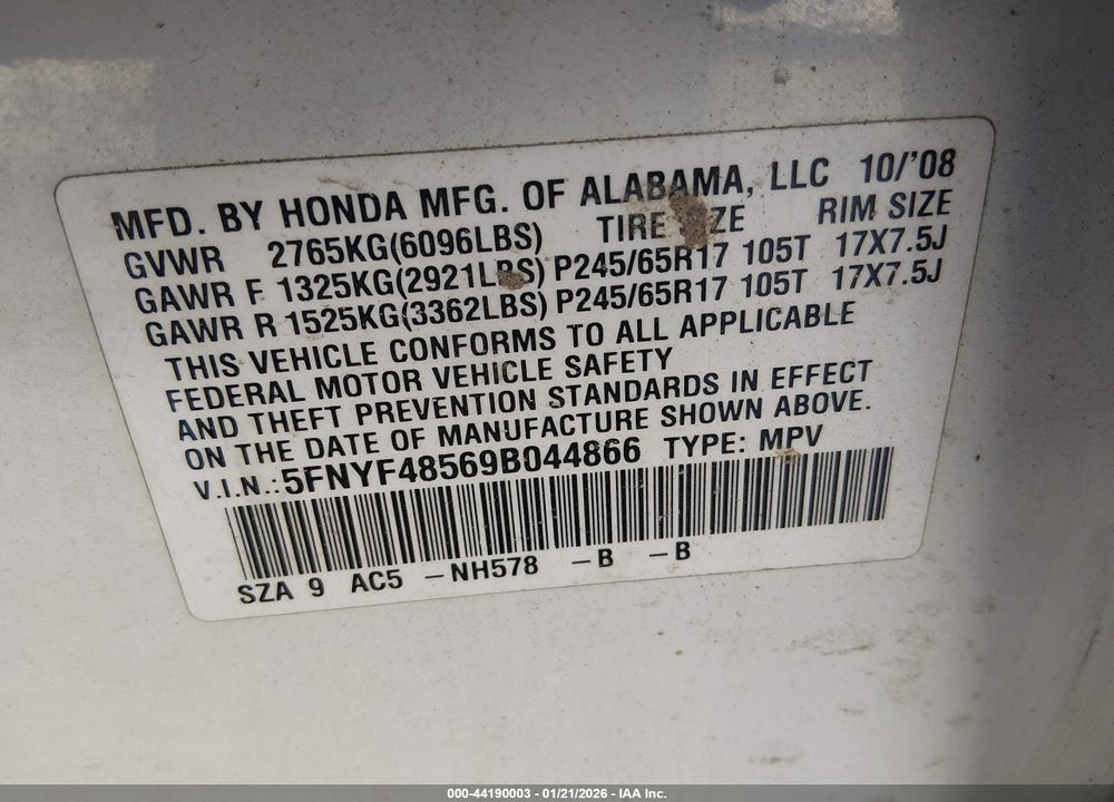 2009 HONDA PILOT EX-L VIN: 5FNYF48569B044866