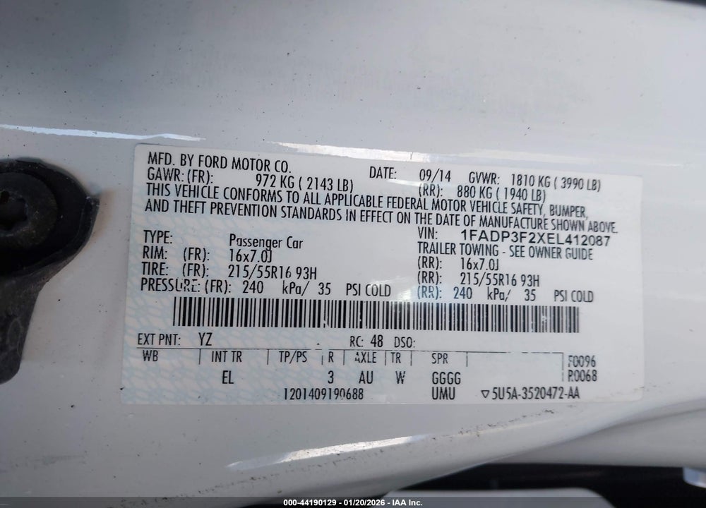 2014 FORD FOCUS SE VIN: 1FADP3F2XEL412087