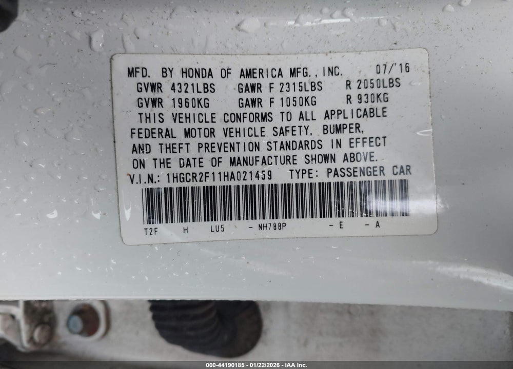 2017 HONDA ACCORD SPORT SE VIN: 1HGCR2F11HA021459