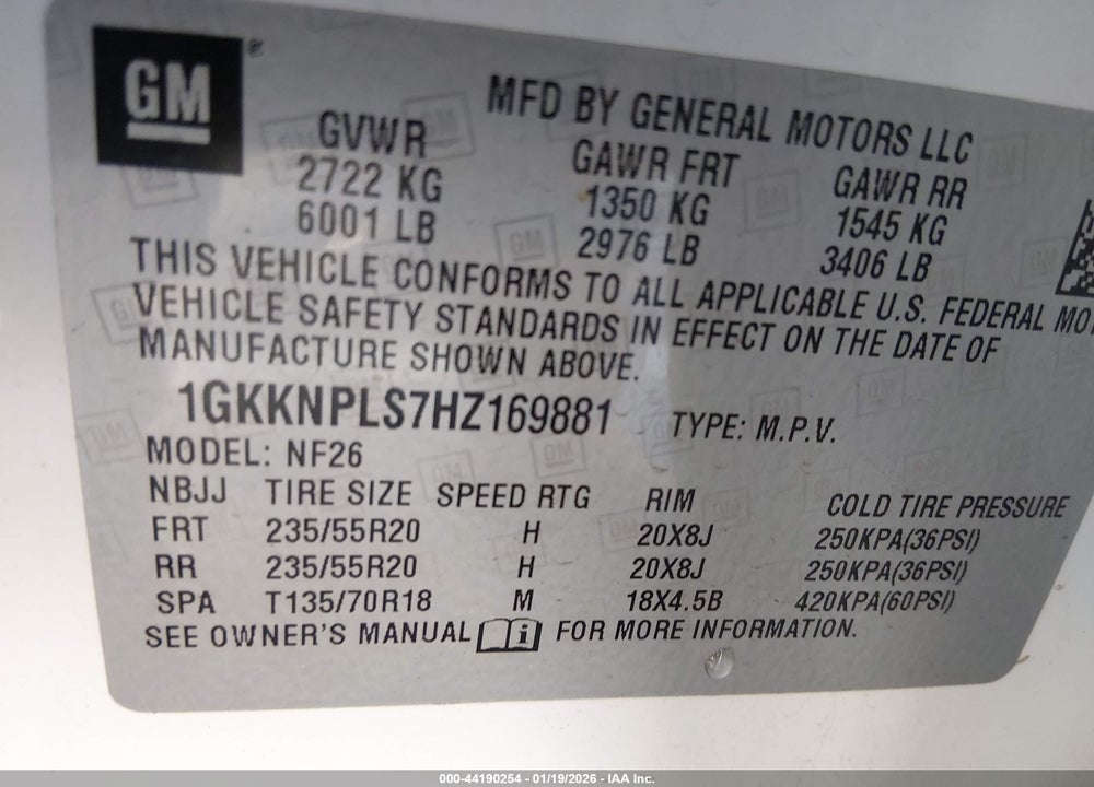 2017 GMC ACADIA DENALI VIN: 1GKKNPLS7HZ169881