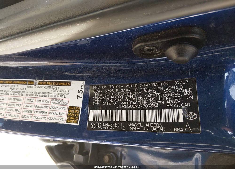 2008 TOYOTA PRIUS BASE (CVT-E) VIN: JTDKB20U987709384