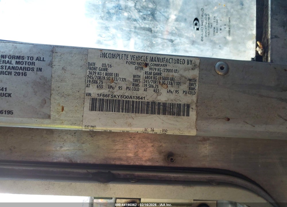 2016 FORD F-59 COMMERCIAL STRIPPED VIN: 1F66F5KY5G0A13641