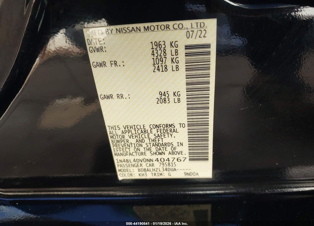 2022 NISSAN ALTIMA SV FWD VIN: 1N4BL4DV0NN404767