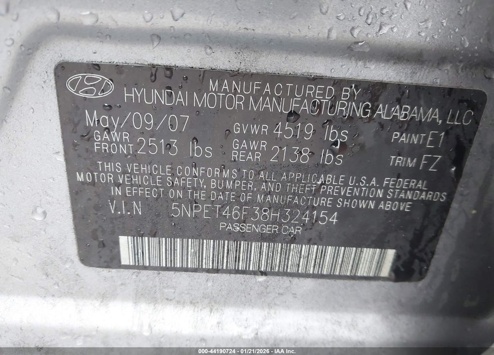 2008 HYUNDAI SONATA GLS V6 VIN: 5NPET46F38H324154