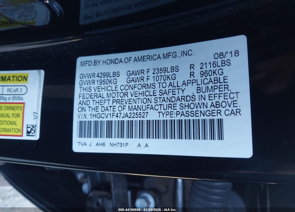 2018 HONDA ACCORD EX VIN: 1HGCV1F47JA225527