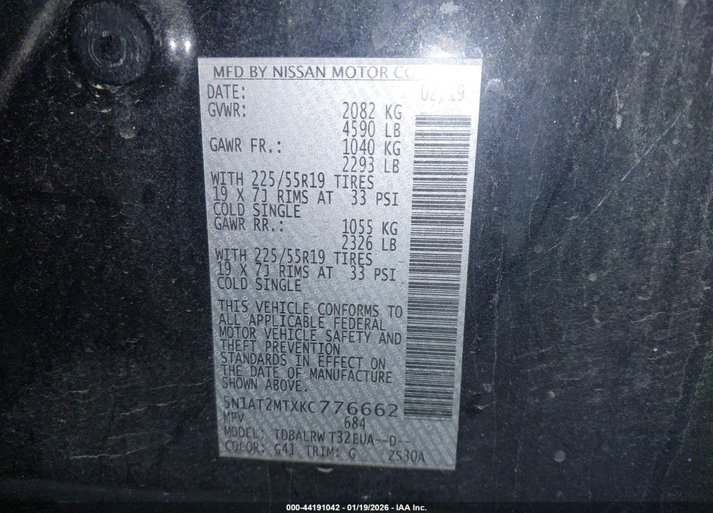 2019 NISSAN ROGUE SL VIN: 5N1AT2MTXKC776662