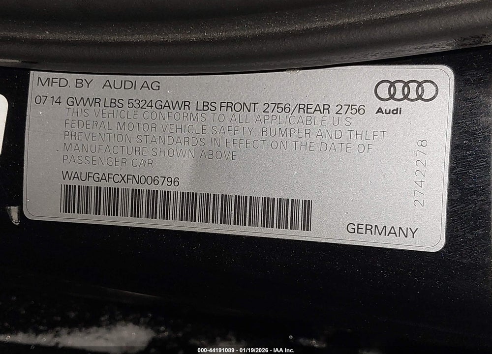 2015 AUDI A6 3.0T PREMIUM PLUS VIN: WAUFGAFCXFN006796
