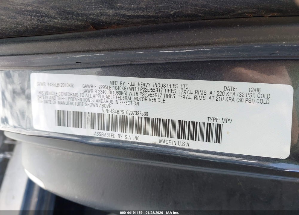 2009 SUBARU OUTBACK 2.5I VIN: 4S4BP61C297337530