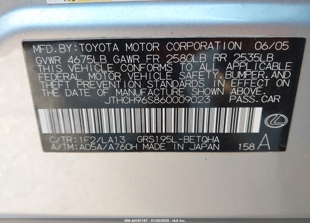 2006 LEXUS GS 300 VIN: JTHCH96S860009023