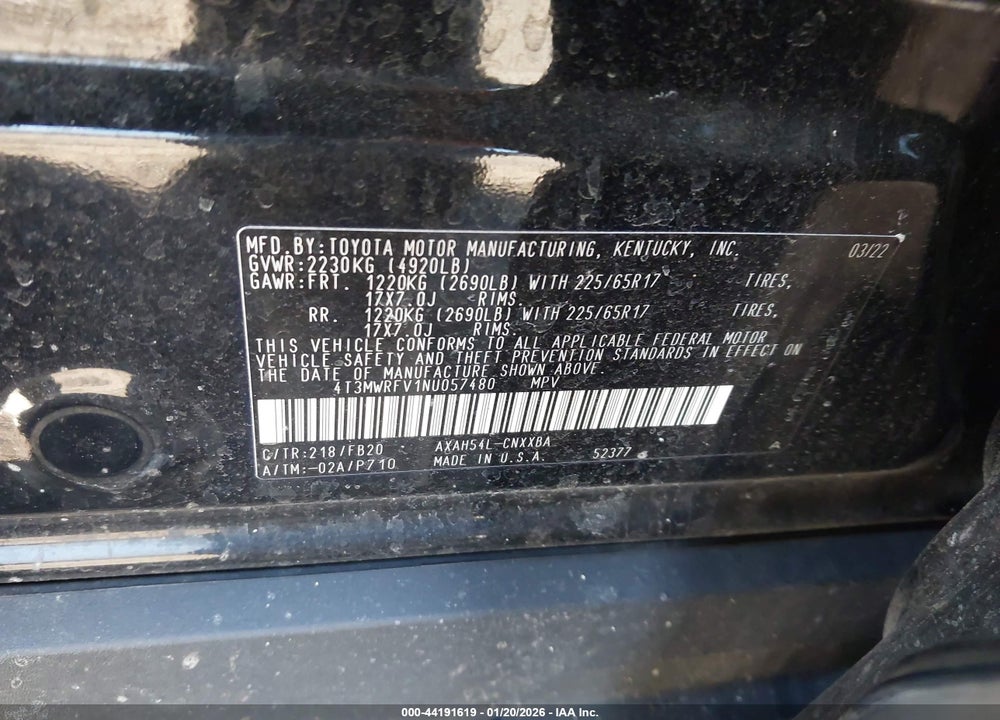 2022 TOYOTA RAV4 HYBRID LE VIN: 4T3MWRFV1NU057480