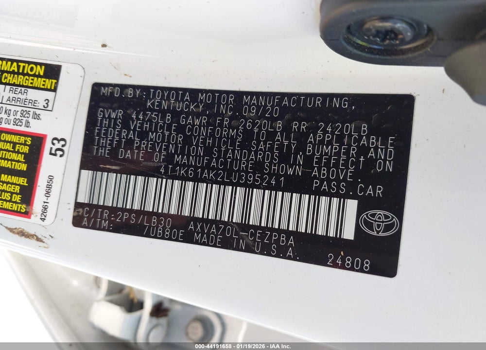 2020 TOYOTA CAMRY XSE VIN: 4T1K61AK2LU395241