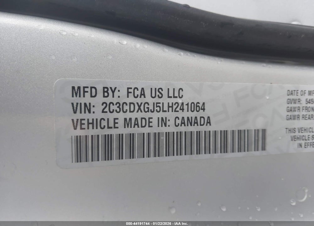 2020 DODGE CHARGER SCAT PACK RWD VIN: 2C3CDXGJ5LH241064