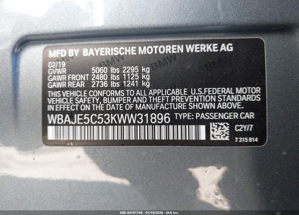 2019 BMW 540I VIN: WBAJE5C53KWW31896