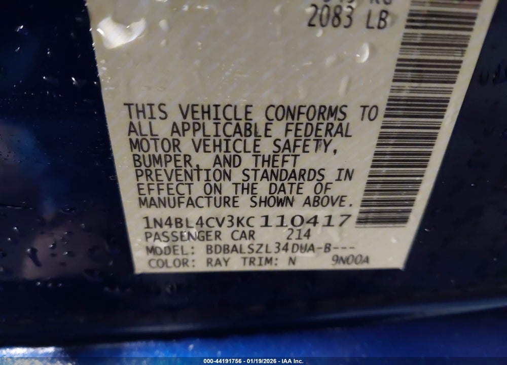 2019 NISSAN ALTIMA 2.5 SR VIN: 1N4BL4CV3KC110417