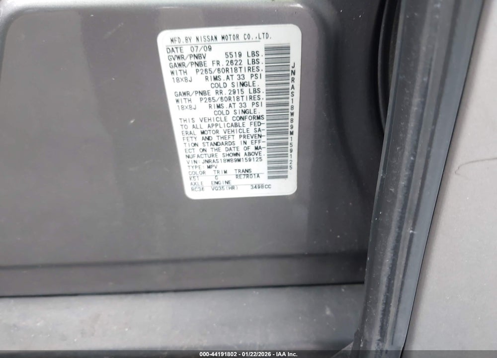 2009 INFINITI FX35 VIN: JNRAS18W89M159125
