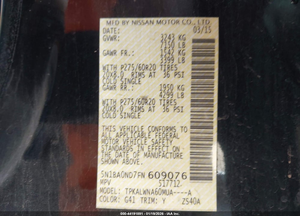 2015 NISSAN ARMADA PLATINUM VIN: 5N1BA0ND7FN609076