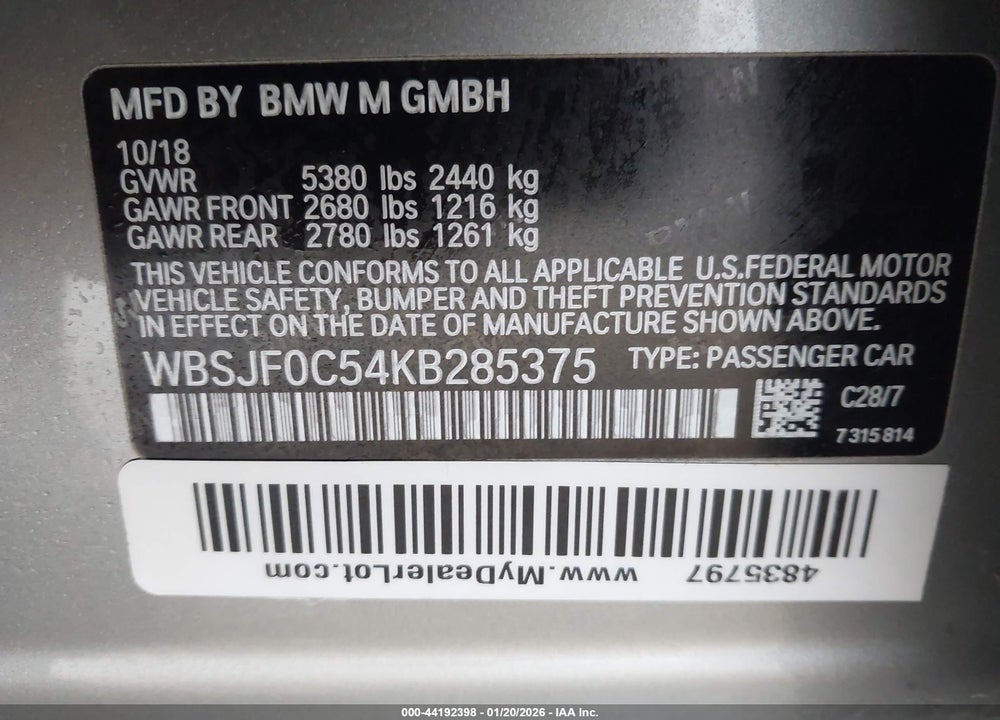 2019 BMW M5 COMPETITION VIN: WBSJF0C54KB285375
